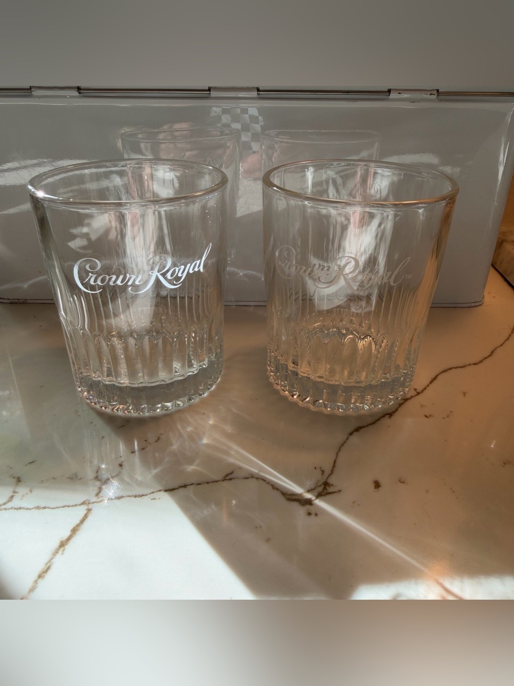 2 official Crown Royal ribbed lowball whiskey glasses